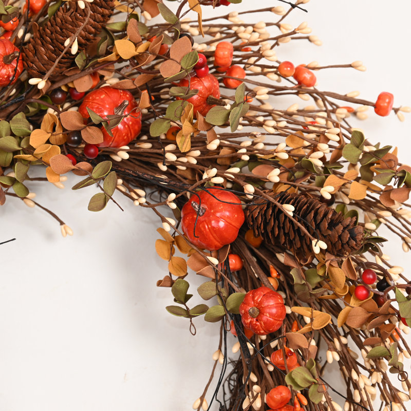Couronne de 24 po avec rameaux artificiels rustiques et baies, pomme de pin, récolte d'automne, porte d'entrée, couronne, décoration de l'Action de grâce d'Halloween