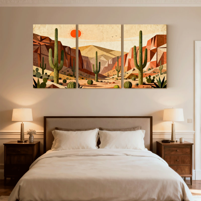 Paysage et nature, paysage désertique avec cactus et montagnes, ensemble de 3 impressions sur toile, H 18 po x l 36 po