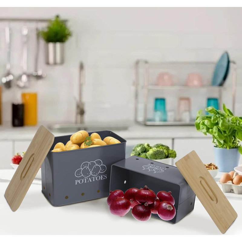 Potato Onion Storage Box, Food Container Sets, Storage Canisters For Vegeatables, Set Of 2 Jars Pots Containers, Potato, Onion Bin With Aerating Tin Storage Holes, Bamboo Lid-Gray
