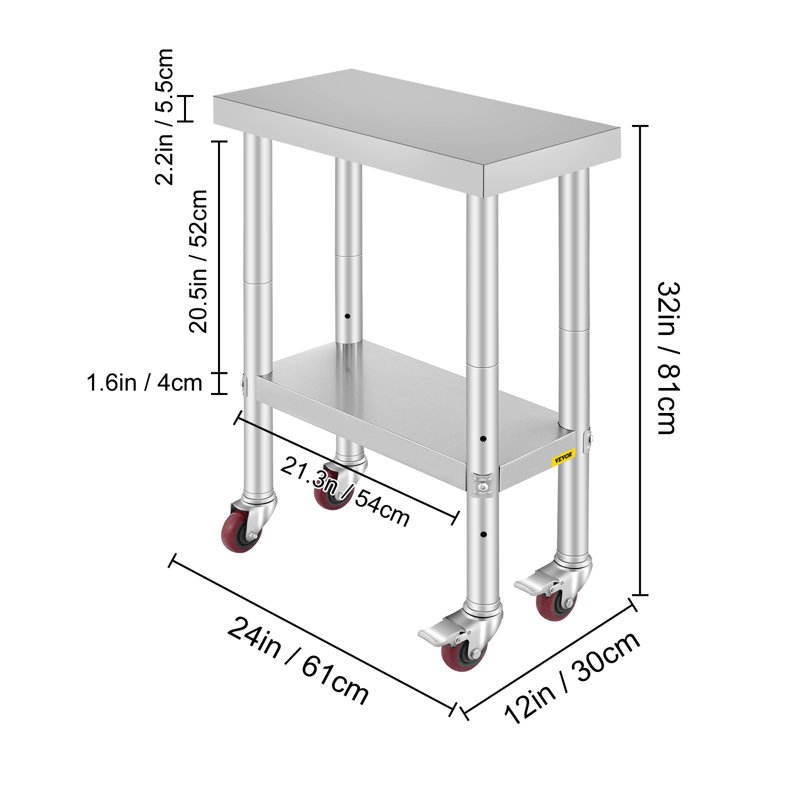 Stainless Steel Work Table 12 x 24 x 34 Inch, 700 LBS Load Capacity with 4 Wheels, 3 Adjustable Height Levels