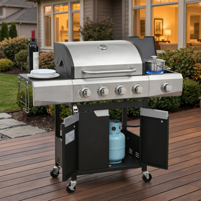 Barbecue au propane à 4 brûleurs avec brûleur latéral, 51 000 BTU, 452 po² Espace de cuisson, grilles en fonte, acier inoxydable, armoire à deux portes