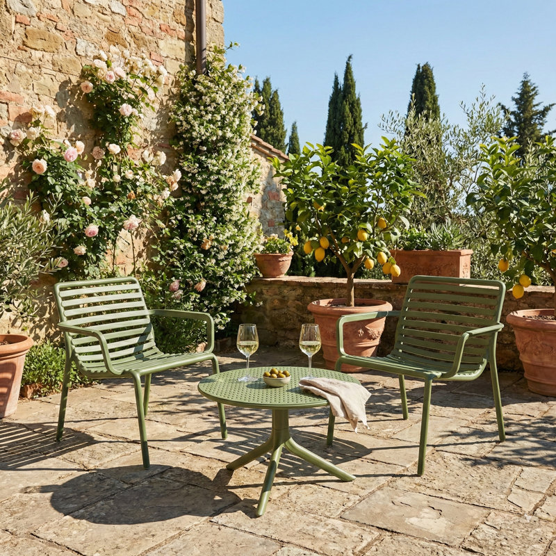 2 - Person Patio Dining Set with Round Table, Olive Green