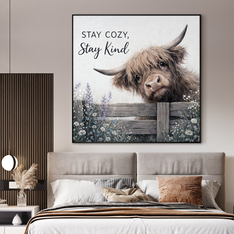 Très grande reproduction d'art sur tissu - Vache Highland brun, décor de chambre à coucher rustique - "Assemblage requis (cadre non fini)"