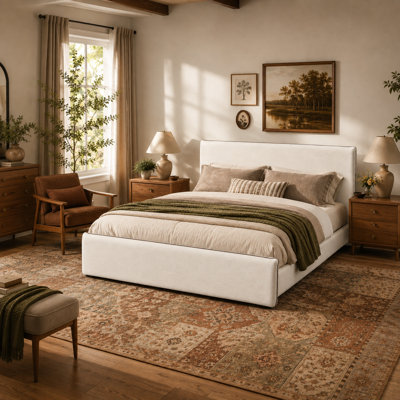 Organic Modern California King / King Size Linen Upholstered Platform Bed Frame with Thick Padded Headboard, Inset Bed Frame