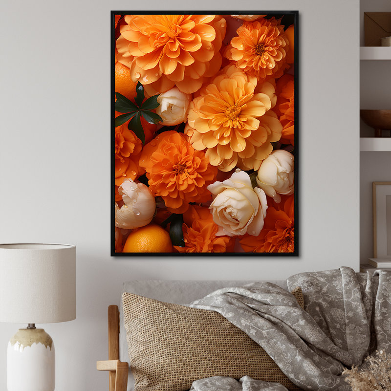 «Orange and White Marigolds Memory» dévoilé sur toile, Cadre flottant noir, H 20 po x l 12 po x P 1 po