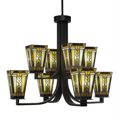 Eurig 8 Light Uplight Chandelier Shown In Dark Granite Finish With 5" Square Santa Cruz Art Glass