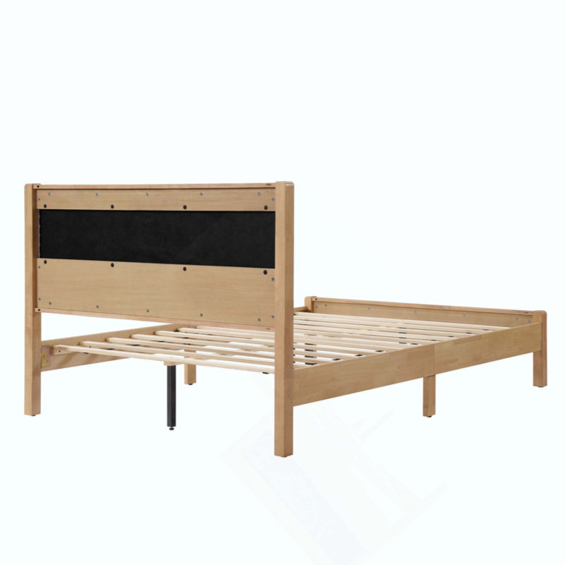 Lit en bois d'hévéa massif avec tête de lit rembourrée, renforcé par des pieds de soutien centraux, Queen, Natural