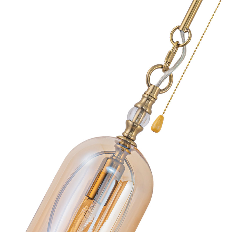 1-Light Armed Wall Sconce with Pull Chain Switch, Vintage Brass Wall Light with Amber Hand-Blown Glass Shade, E12 Base 60W Max for Bedroom Bathroom Vanity Living Room, ETL UL Listed