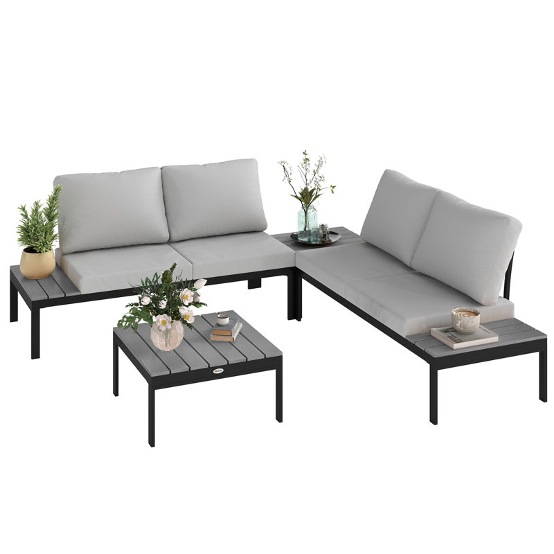 Outsunny 4 Piece L Shaped Garden Furniture Set 4 Seater Corner Sofa, Grey/Black