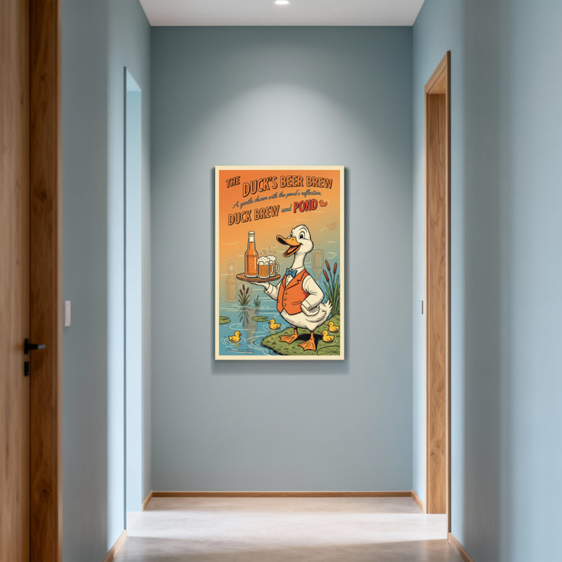 Canard à la mode servant de la bière sur un étang avec des canetons, H 24 po x l 36 po