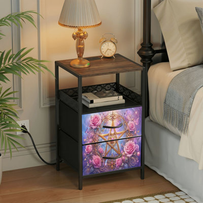 Table de chevet 2 tiroirs avec station de charge, table de chevet de chambre à coucher avec ports USB, tablette ouverte noire, table de chevet avec imprimé de papillons roses dorés