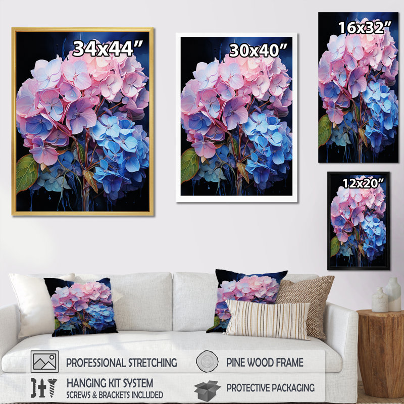 «Ginesta Blue Rose Hydrangea Majestic Elegance», reproduction sur toile, H 32 po x l 16 po x P 1 po, Cadre photo noir