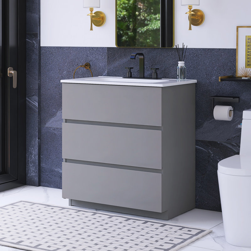 30 po W Meuble-lavabo simple avec lavabo et 3 trous de robinet, Gris