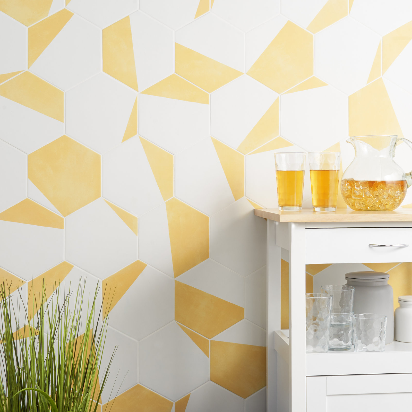 GeoHex Burst 8" Porcelain Tile, Yellow