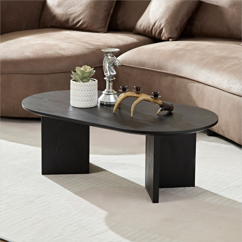 Table basse ovale, 39,37 L, base piédestal en panneau de fibres à densité moyenne, finition noire élégante, design compact et moderne pour le salon