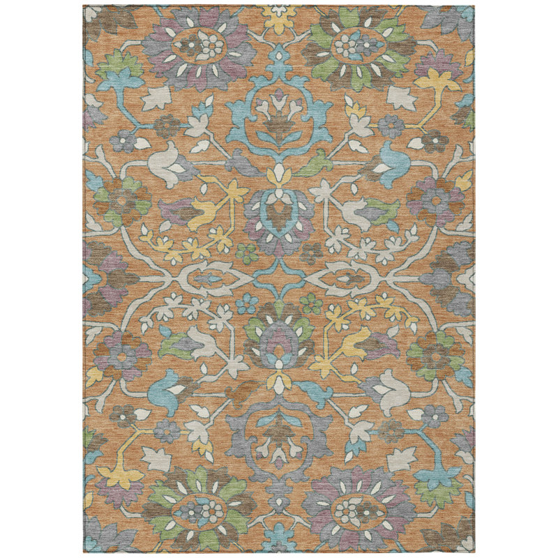 Machine Washable Indoor/Outdoor Chantille ACN2587 Floral Rug, 10' x 14', Copper