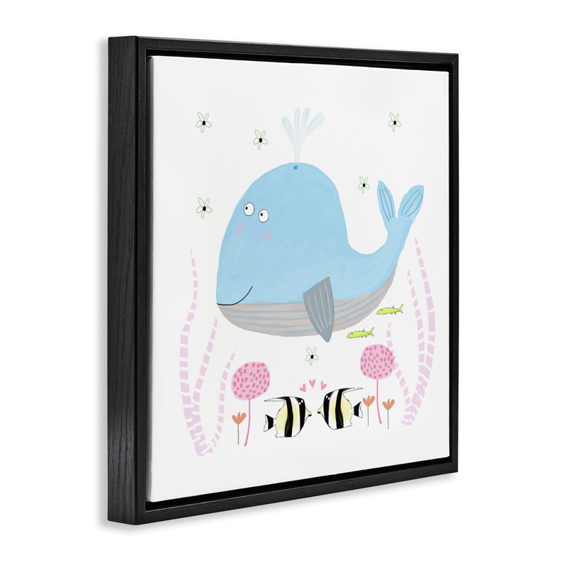 Cadre flottant bébé baleine et fleurs, design par Carla Daly, Cadre flottant noir de jais, H 18 po x l 18 po