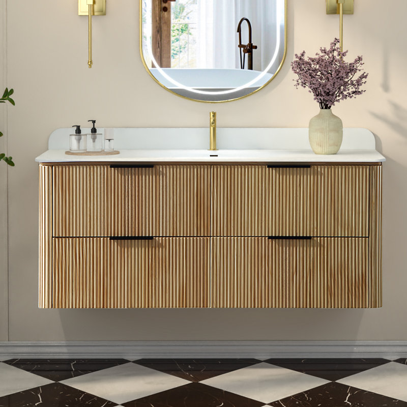 48 in. Wall-Mounted Bathroom Vanity in Oak Finish with Solid Wood Cabinet and One-Piece Acrylic Countertop, Oak, Black