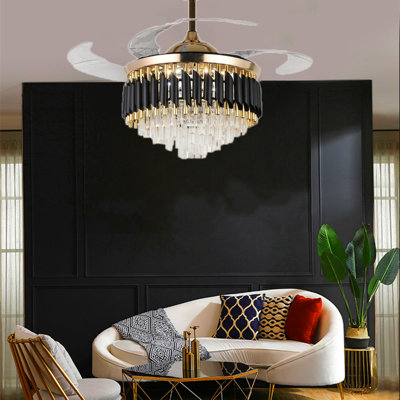 Ventilateur de plafond 42 po à 4 pales en cristal doré avec lumière DEL pour l'intérieur