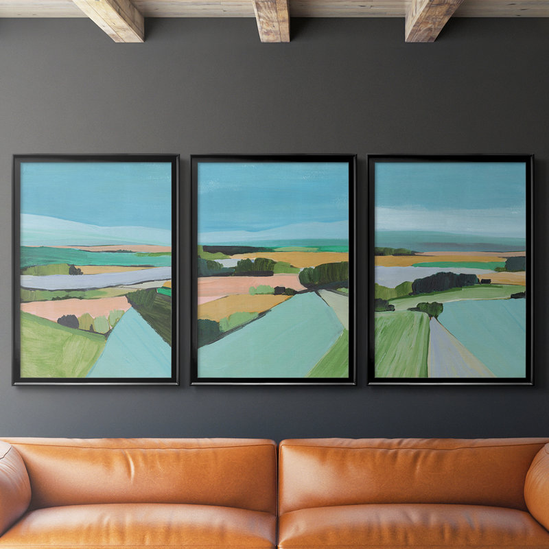 Bright Coloured Countryside I - Toile tendue avec châssis sur mesure - 3 pièces, H 30 po x l 63 po, Noir, noir, noir, noir