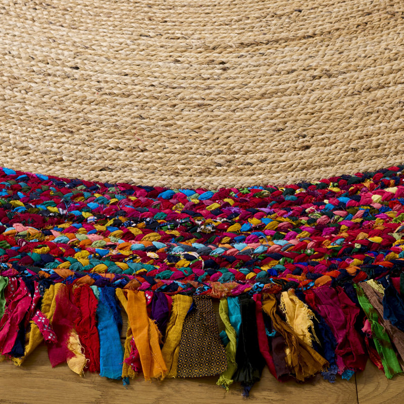 Tapis rouge / ivoire en jute tissé à la main Abhay, Rond 6 pi
