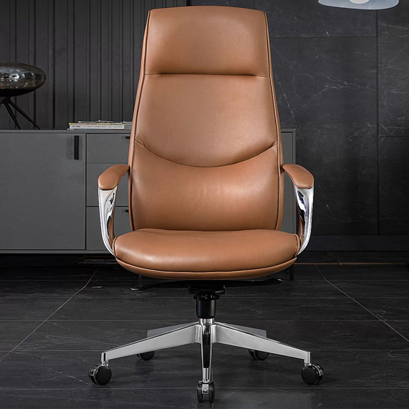 Chaise de bureau brun clair + brun foncé + cuir véritable réglable argenté + similicuir + alliage d'aluminium