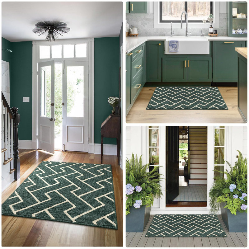 Seriah Non-Slip Geometric Indoor Doormat, Emerald
