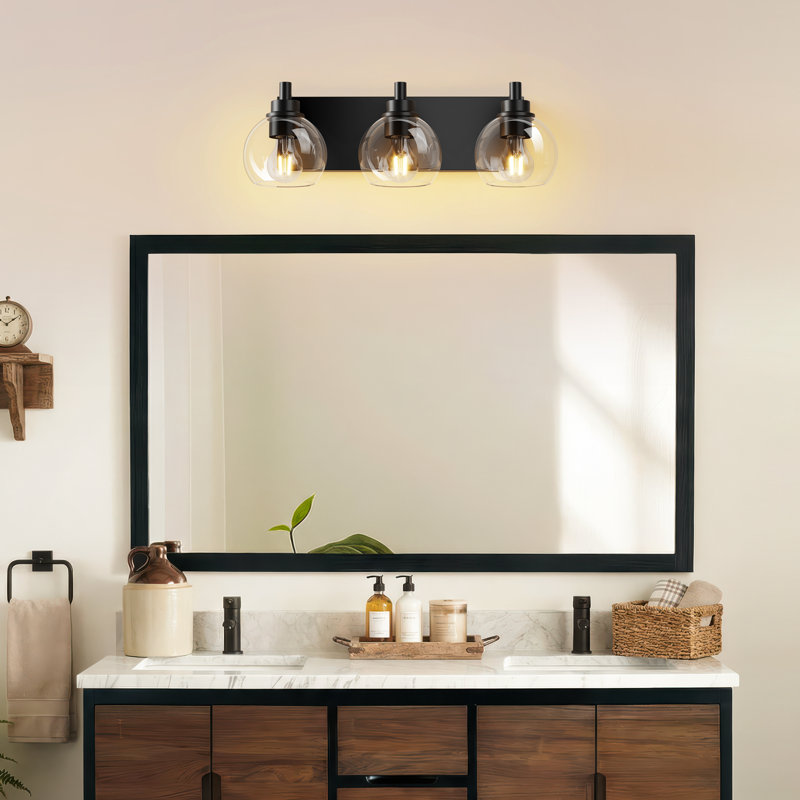 Éclairage pour salle de bain 3 lumières noir mat avec abat-jour en verre transparent pour salle de bain, cuisine et chambre à coucher