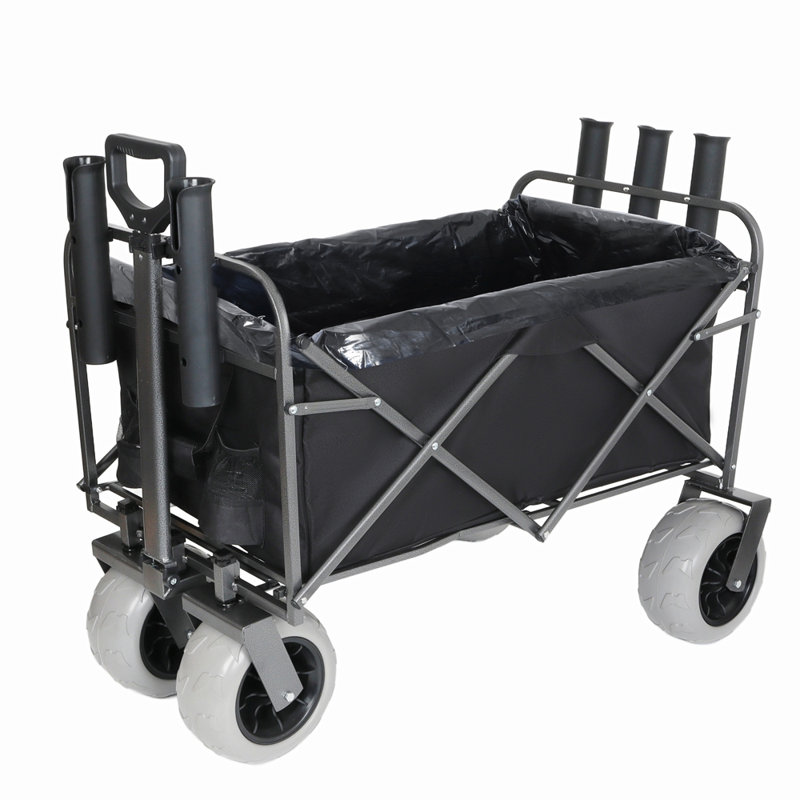 Fishing Cart with Rod Holders,Beach Wagon with Big Wheels for Sand 500lbs Capacity - All Terrain Steel Frame Utility Cart with 9" Pneumatic Tires,Strap with multiuse Bag,Black
