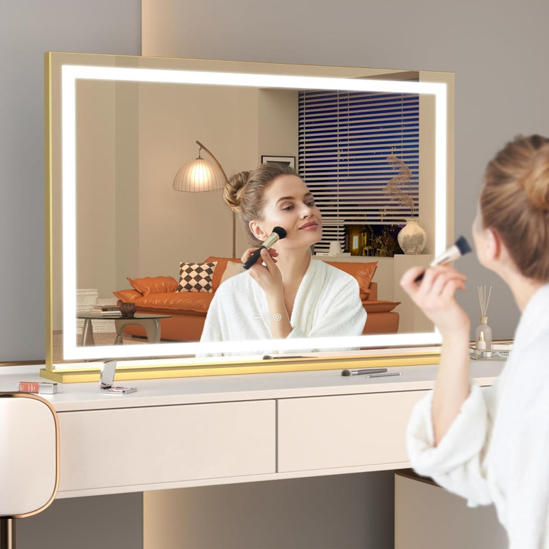 32" X 22" LED Lighted Makeup Vanity Mirror With Dimmable 3 Color Modes, Touch Screen Control, Wall Mounted Or Tabletop, Square Gold