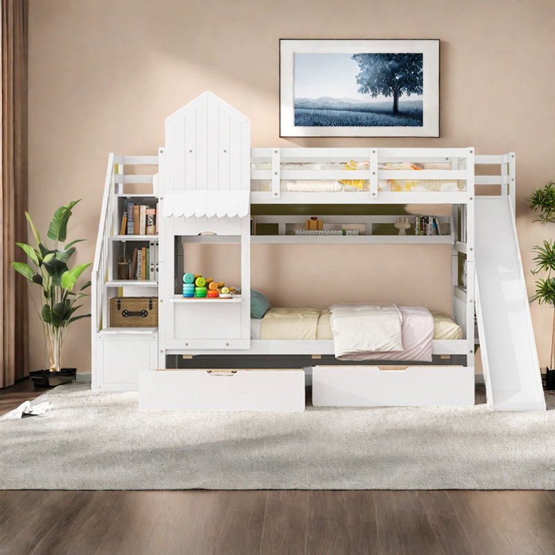 Lit superposé simple au-dessus de simple, bois massif, style château avec rangement - blanc