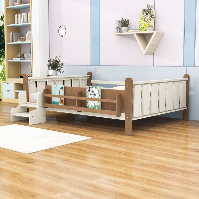 Wood Floor Bed with Storage Bookcases and Guardrails, Beige, Full