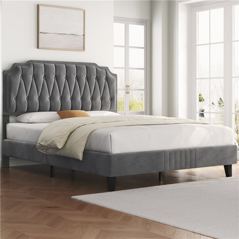 Upholstered Bed Frame with with Diamond Button-Tufted Headboard, Double, Dark Grey
