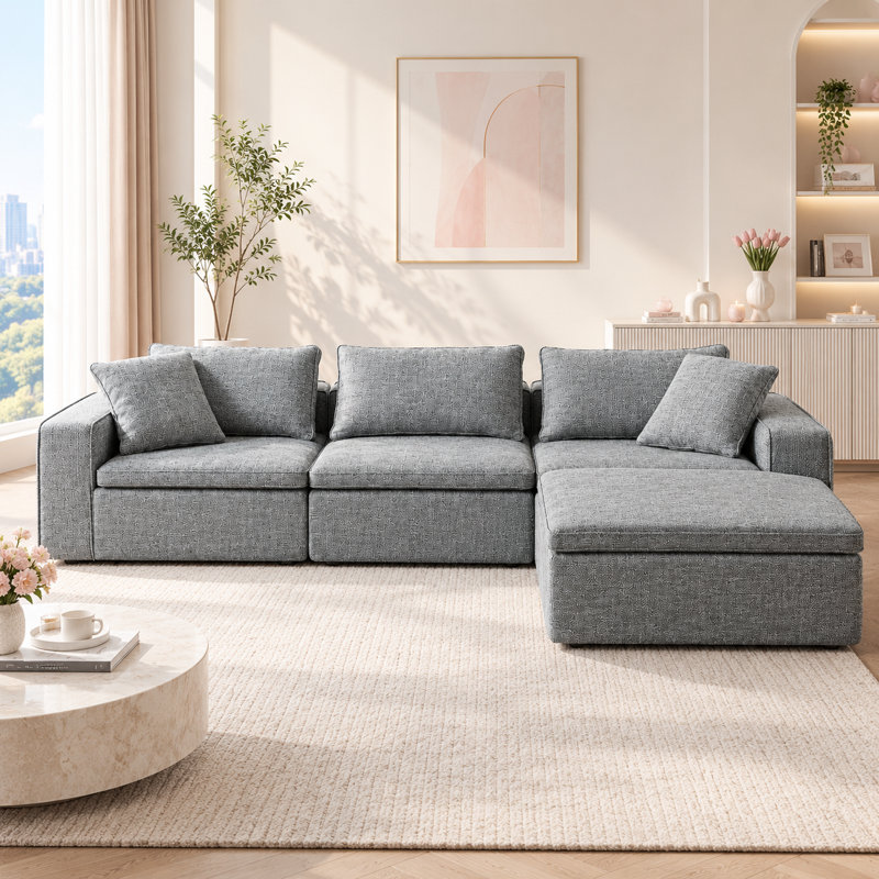 Canapé modulaire rembourré en L de 4 pièces rembourré 4 pièces, Gray Polyester Blend