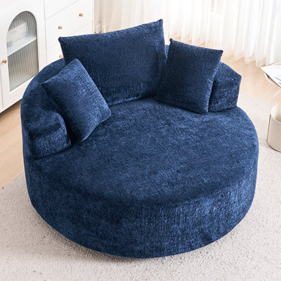 Chaise d'appoint ronde et pivotante en chenille 360, canapé-lit moderne moelleux pour le salon, la chambre à coucher, la salle de lecture et le salon, bleu, profondeur de 53,46 po de largeur, 32,42 po de hauteur, poids de 85 lb