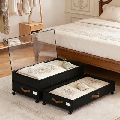 Under Bed Storage Containers With Wheels, 2-Pack Large 75L Capacity Adjustable Height Rolling Storage Bins With Clear Lids For Clothes, Shoes, Blankets And Seasonal Items