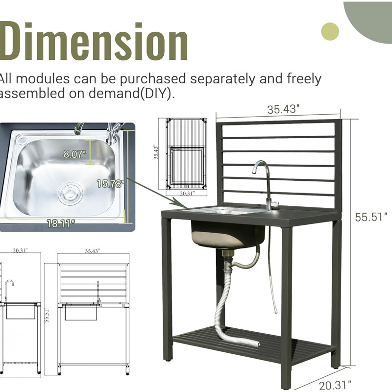 Îlot de cuisine extérieur - Rangement en aluminium gris, évier et évier en acier inoxydable, robinet, rangement