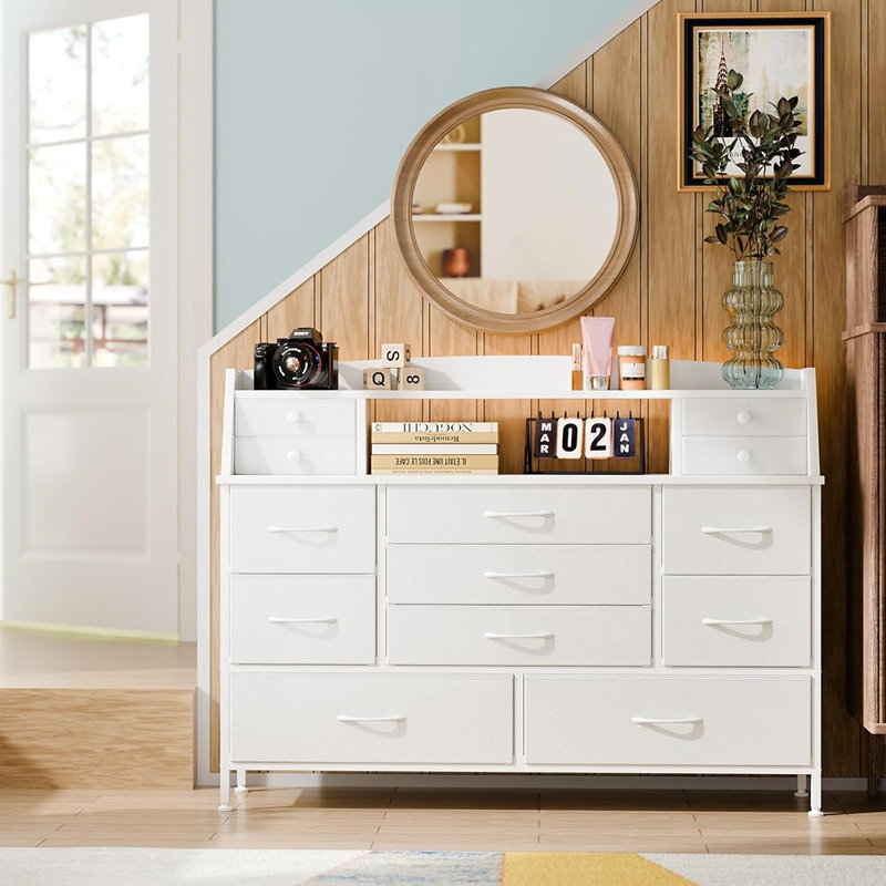 Commode blanche pour chambre à coucher avec 13 tiroirs, commode en tissu