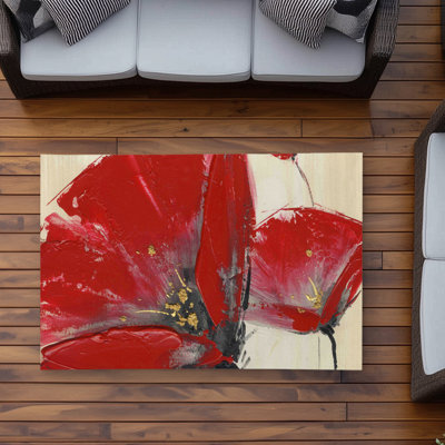 Three Red Flowers - Contemporary Gray Outdoor Area Rug
