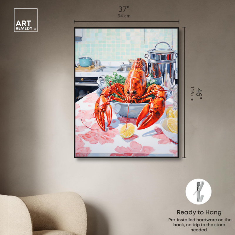 «Fine Lobster Canvas Summer» par Art Remedy, 46" H x 37" W, Cadre noir