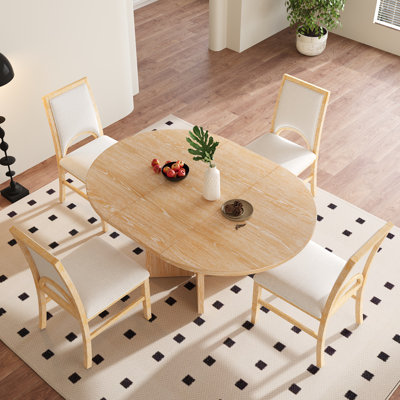 TOPMAX Solid Wood Round Dining Table Set for 4, Extendable Kitchen Table Set with 4 Upholstered Dining Chairs and 16inch Removable Leaf for Dining Roo