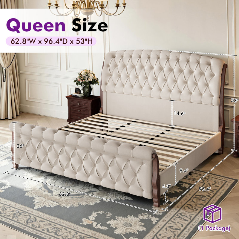 Dulane Queen Size Tufted Upholstered Sleigh Bed, Modern Chenille Platform Bed Frame, No Box Spring Required, cream, Cream