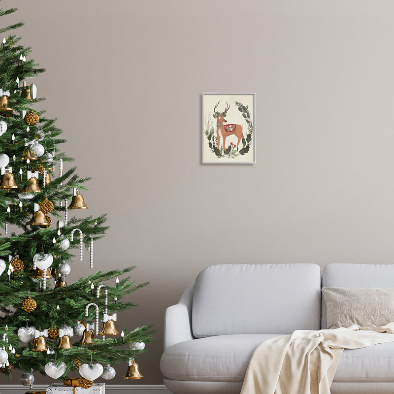 «Peaceful Deer Festive Holiday Leaf Border Collage», estampe numérique encadrée noire, art texturé par Laura Konyndyk