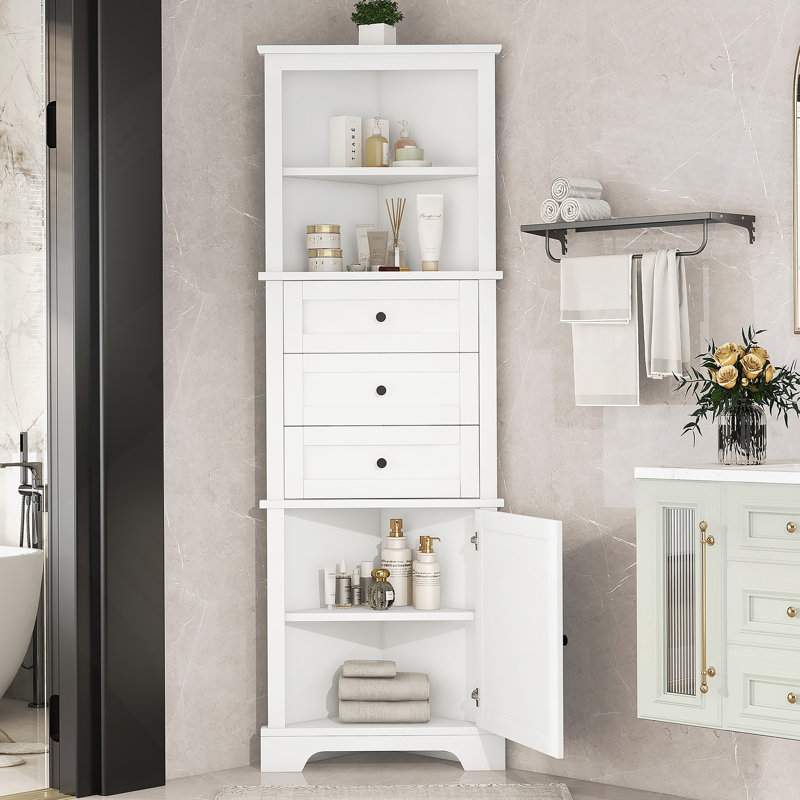 Grande armoire triangulaire blanche avec 3 tiroirs et tablettes réglables pour la salle de bain, la cuisine ou le salon, panneau de fibres à densité moyenne avec finition peinte (ancien SKU: WF298150AAK)