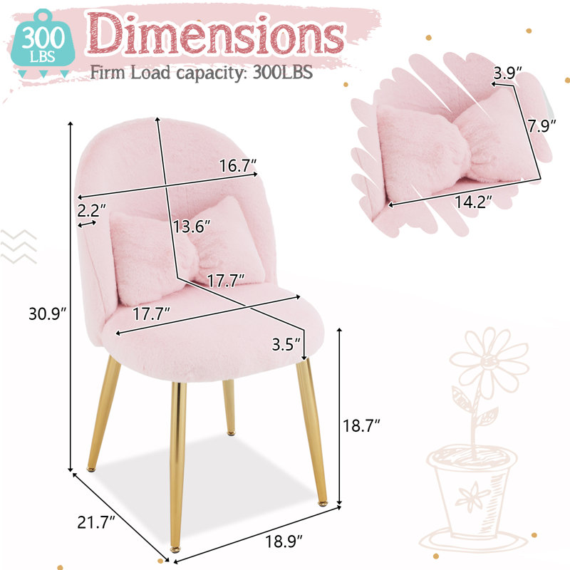 Faux Fur Vanity Chair with Pillow, with Golden Metal Legs for Bedroom Vanity Room, Pink