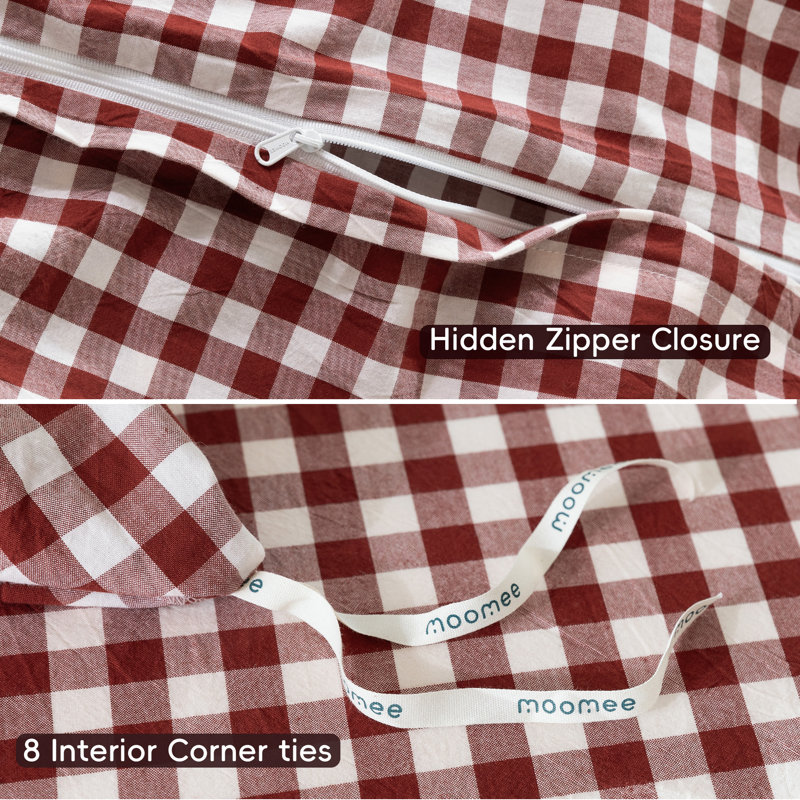 MooMee Gingham Duvet Cover Set 100% Washed Cotton Linen Like Lightweight, King Duvet Cover + 2 King Pillowcases