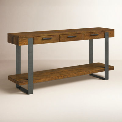 Ashley Furniture Bedford Park Mango Wood Sofa Table with 3 Drawers and Iron Base