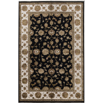 Tapis noir et ivoire de haute qualité noué à la main