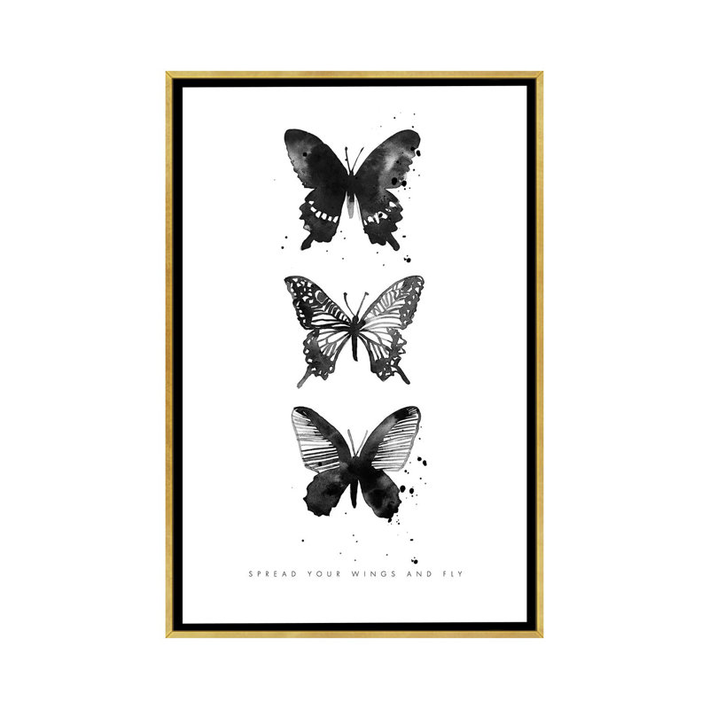 3 Inky butterflys par Mercedes Lopez charro-impression, H 26 po x l 18 po x 1,5 po, Toile encadrée d'or, Pas de tapis