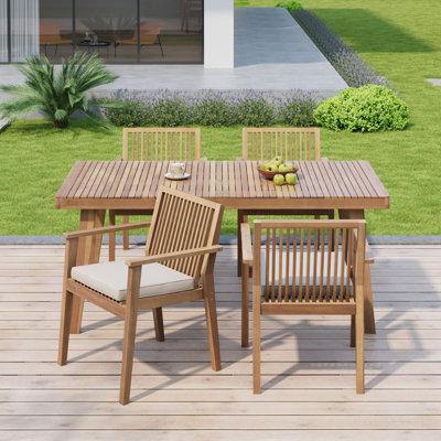 Ensemble repas d'extérieur en bois d'acacia avec plateau à lattes et coussins Gerhardt